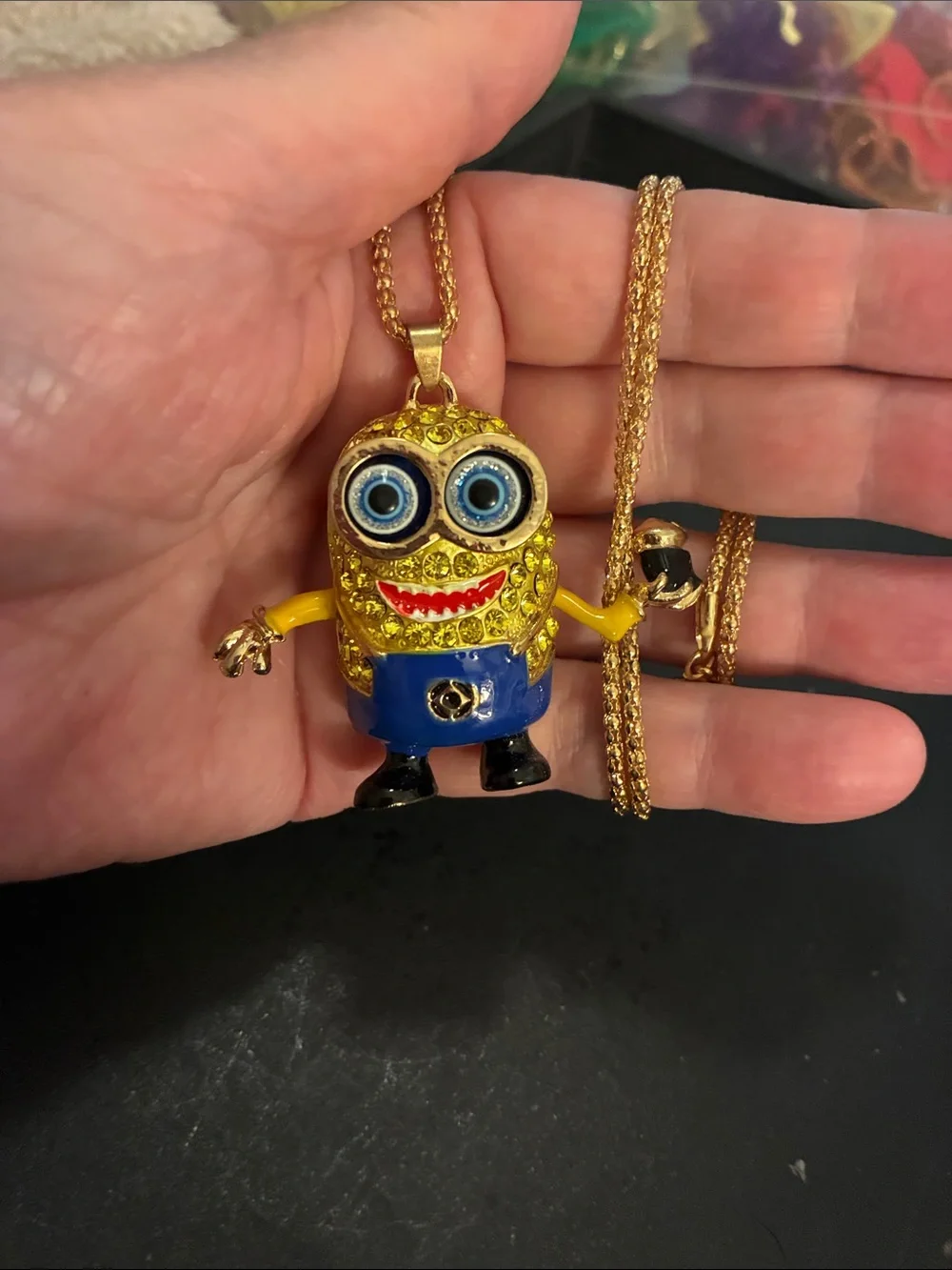 Minion Pendant Necklace with Blue Enamel.Holding a Root Beer. NWOT